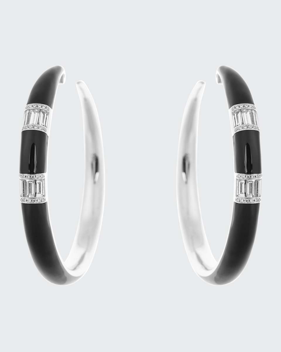 Oui 18k White Gold Baguette and Round Diamond Hoop Earrings